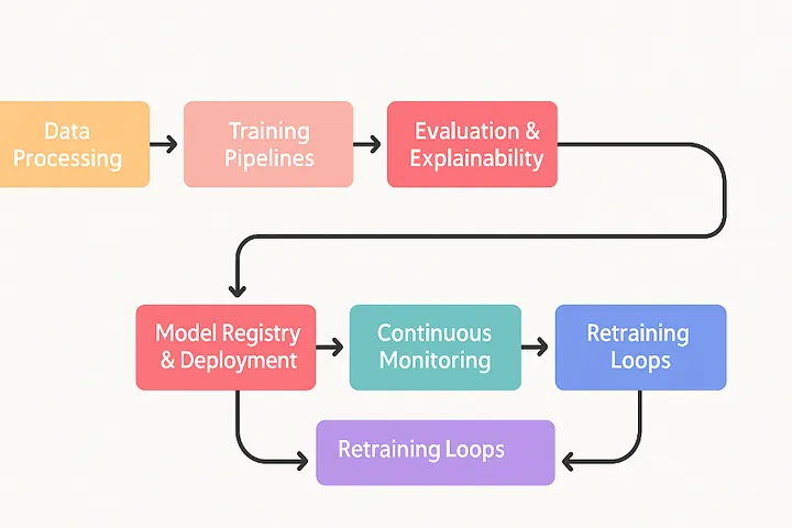 The full-lifecycle setup on Vertex AI, from data processing through continuous monitoring and retraining.